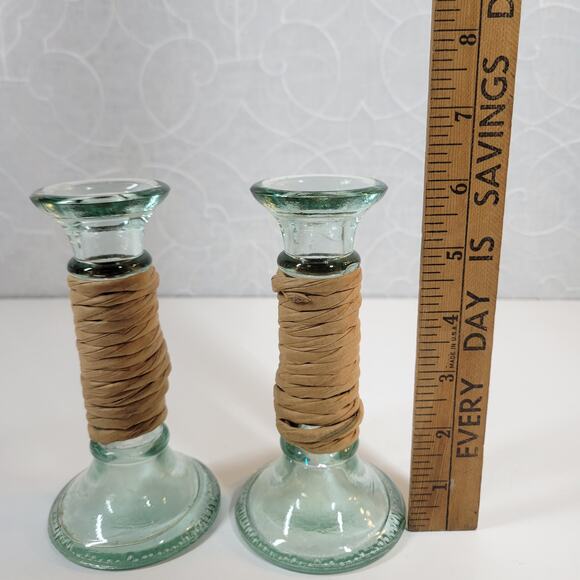 Vintage Glass Wrapped Twine Candlestick Holders Rustic Primitive Home Decor - Picture 5 of 12